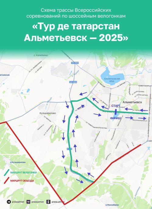 16 августта Әлмәттә шосседа велоузышлар буенча «Тур де Татарстан Әлмәт-2025» бөтенроссия ярышлары узачак